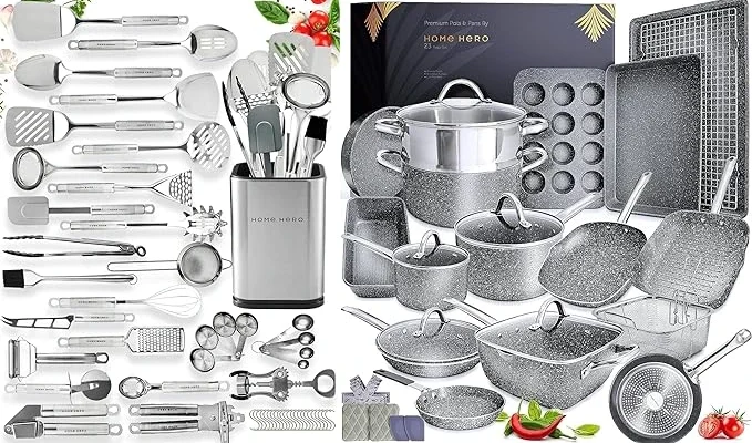 Home Hero 54 Pcs Stainless Steel Kitchen Utensils Set + 23 Pcs Pots and Pans Set Non Stick